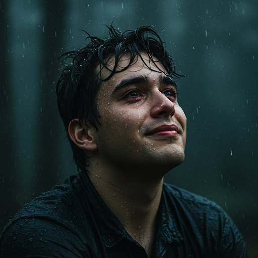 Inspirational image of a young man looking up at the sky with hope and contemplation, representing the transformative journey of grace